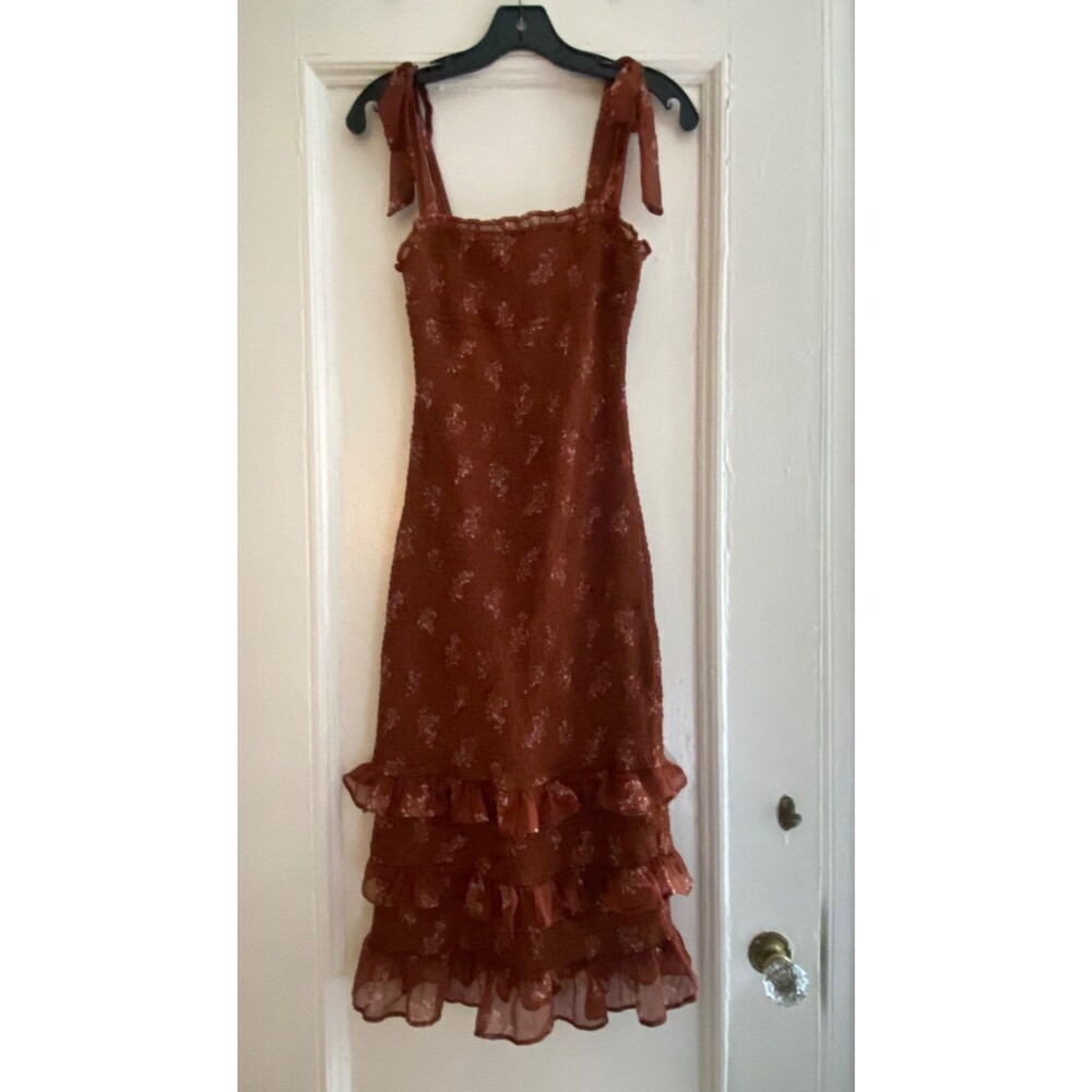 Abercrombie & Fitch Tie-Strap Smocked Midi Dress Rust Brown Floral - Small